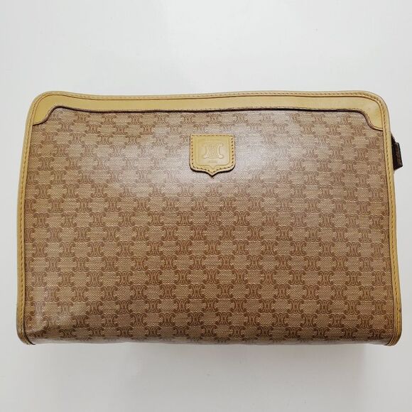 Celine Zip Cosmetic Pouch Clutch Bag Tan Brown Leather Canvas Vtg - Picture 1 of 16